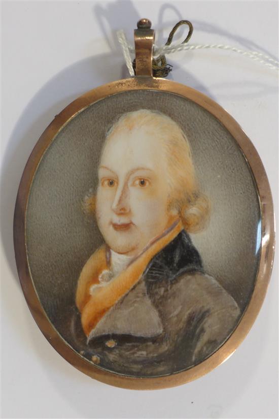 19th century English School Miniature of a gentleman, 2.5 x 2in, gold frame with hair back